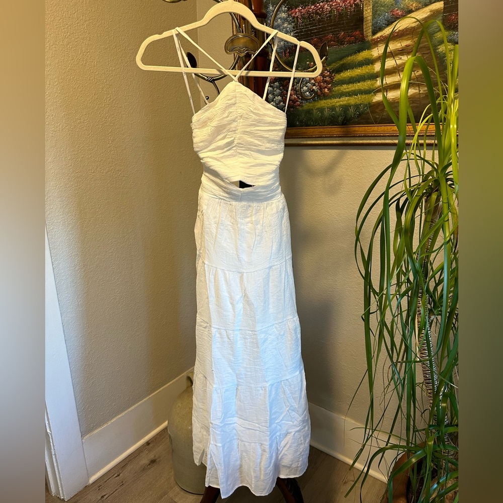 Effortless Sweetness White Ruched Lace-Up Tiered Midi Dress - Picture 6 of 8